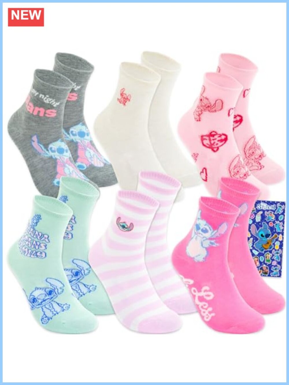 Disney Stitch Crew Socks 6 Pairs Adult Size 4-10 Gift Set